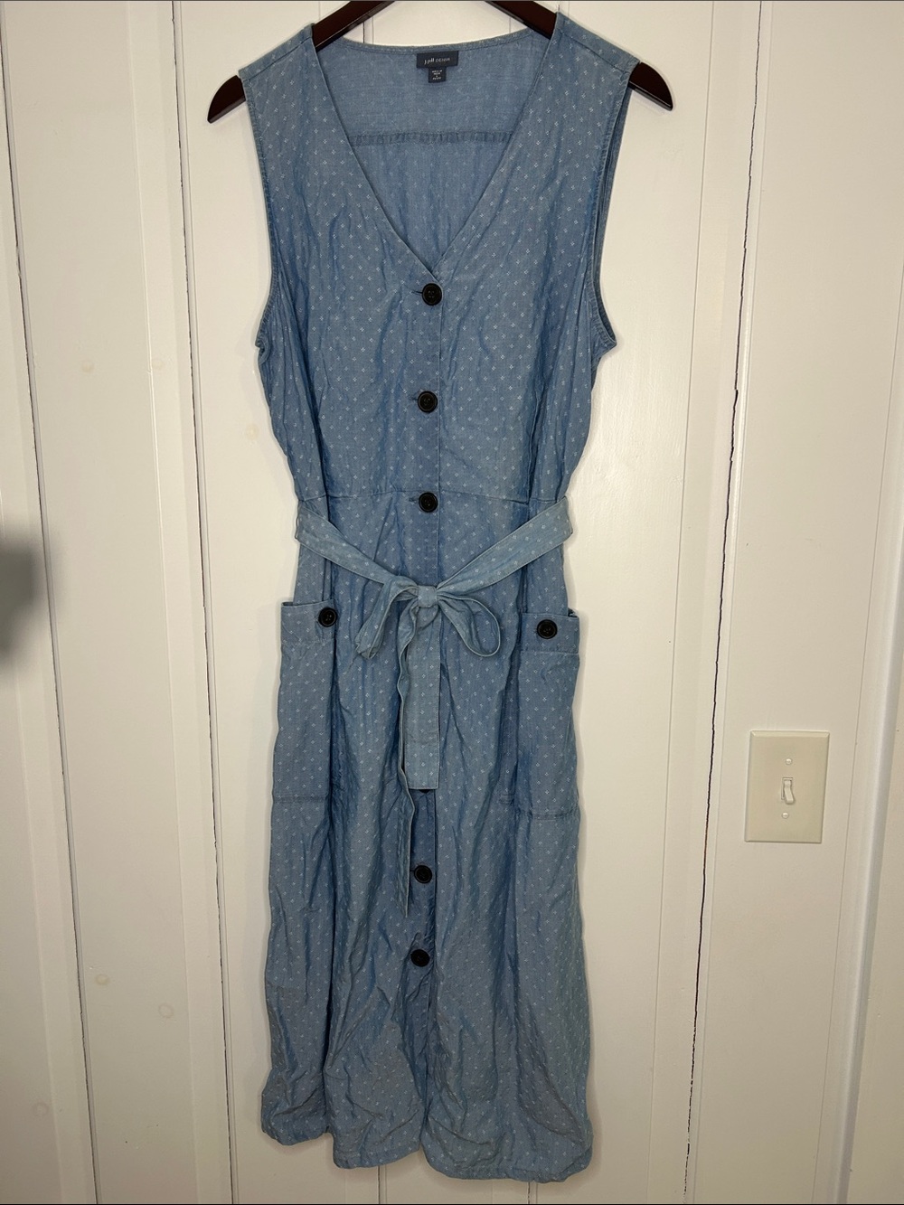 J. Jill Blue Sleeveless Button-Front denim Midi Dress with Tie Waist and pockets - Picture 3 of 8